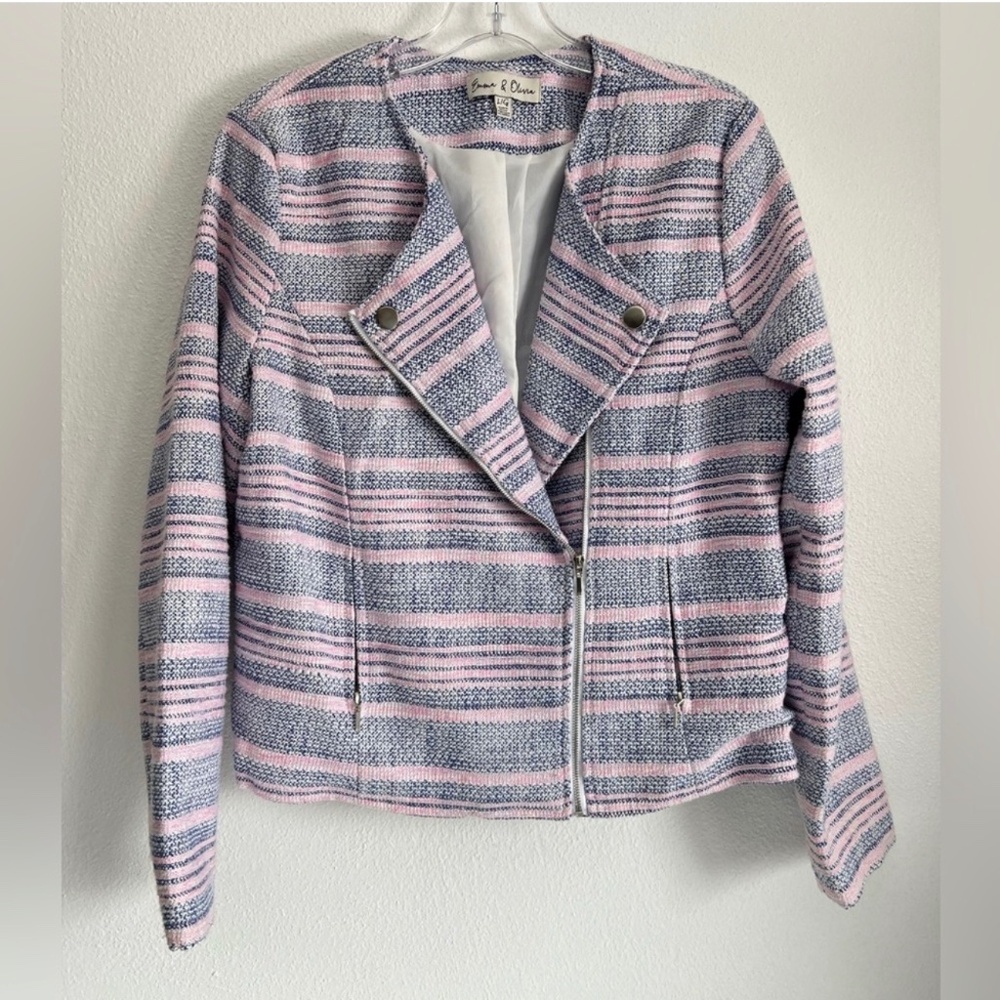 Emma & Olivia 90s Tweed Preppy Pastel Blue‎ Pink White Zip Blazer Jacket Size L